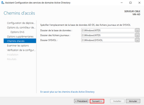 Configuration de l'emplacement des composants Active Directory