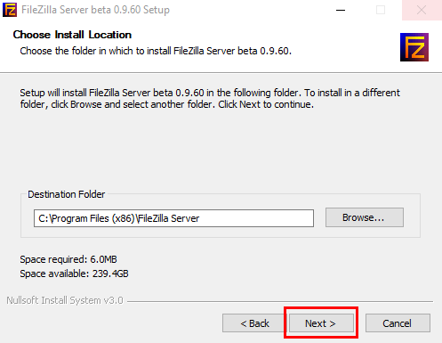  Choix du répertoire d'installation de Filezilla Server