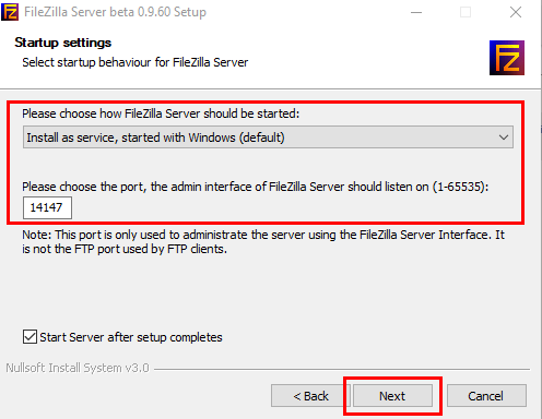  Choix du type d'installation et du port d'administration utilisé