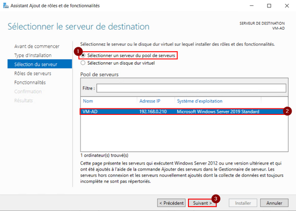 Sélection du serveur où installer le rôle