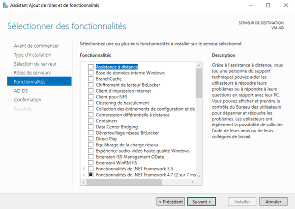 Choix de fonctionnalités à installer