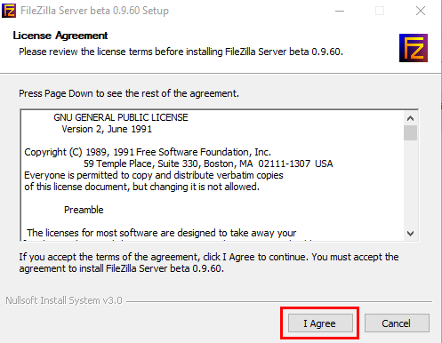  Contrat d'utilisation de Filezilla Server