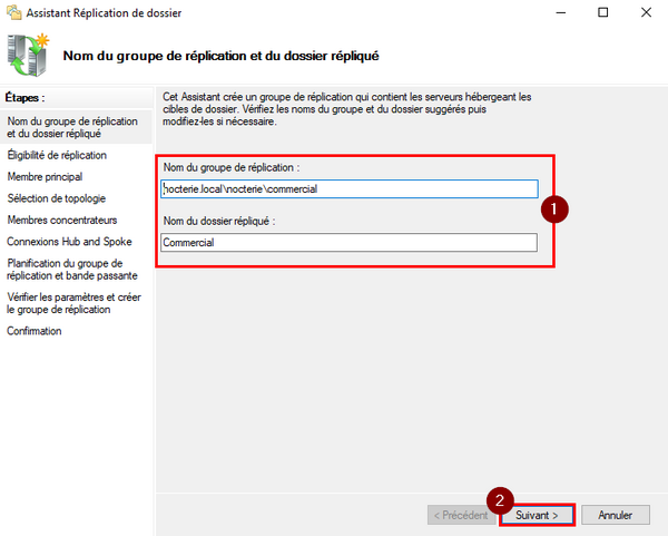 Nommer le groupe de réplication et le dossier répliqué