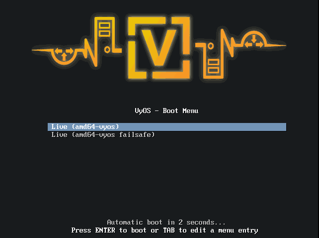 Ecran de démarrage du disque live VyOS 