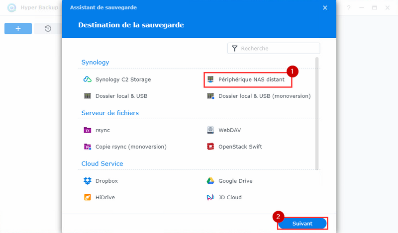 Sélection de la destination de sauvegarde