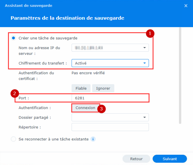 Configuration du NAS de destination