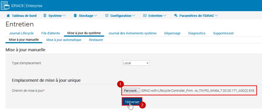 Menu Entretien de l'interface web de l'iDRAC