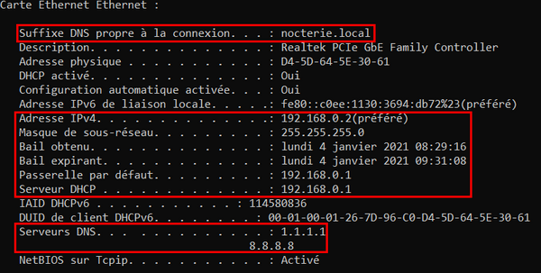 Paramètres IP de la carte