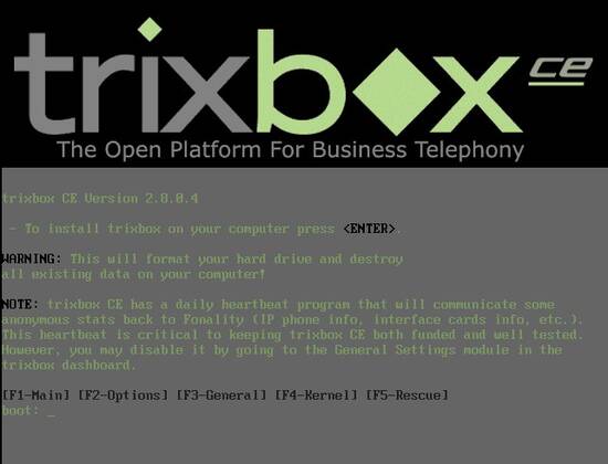 Ecran d'accueil de TrixBox CE